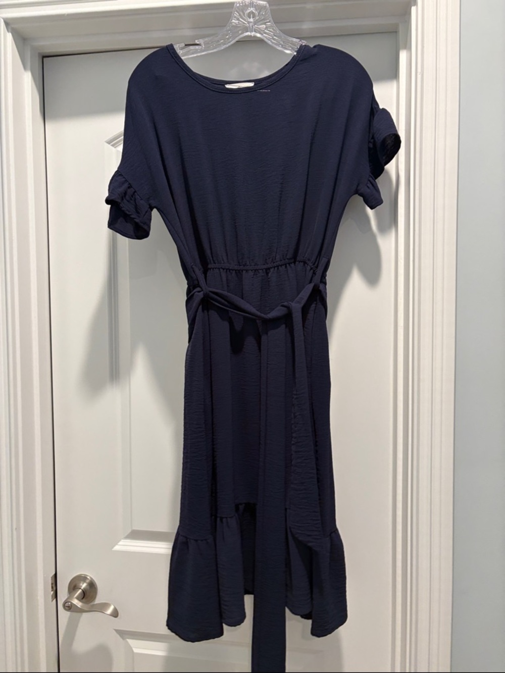 Navy Tie-Waist Ruffle Dress